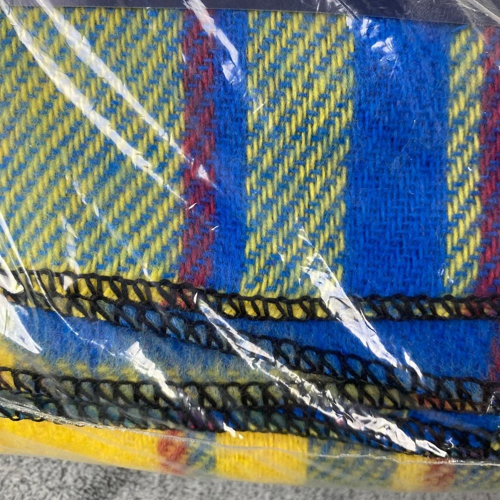Vtg New Beacon 50x60 Blanket Throw Blue Yellow Red Plaid Virgin Acrylic USA Made